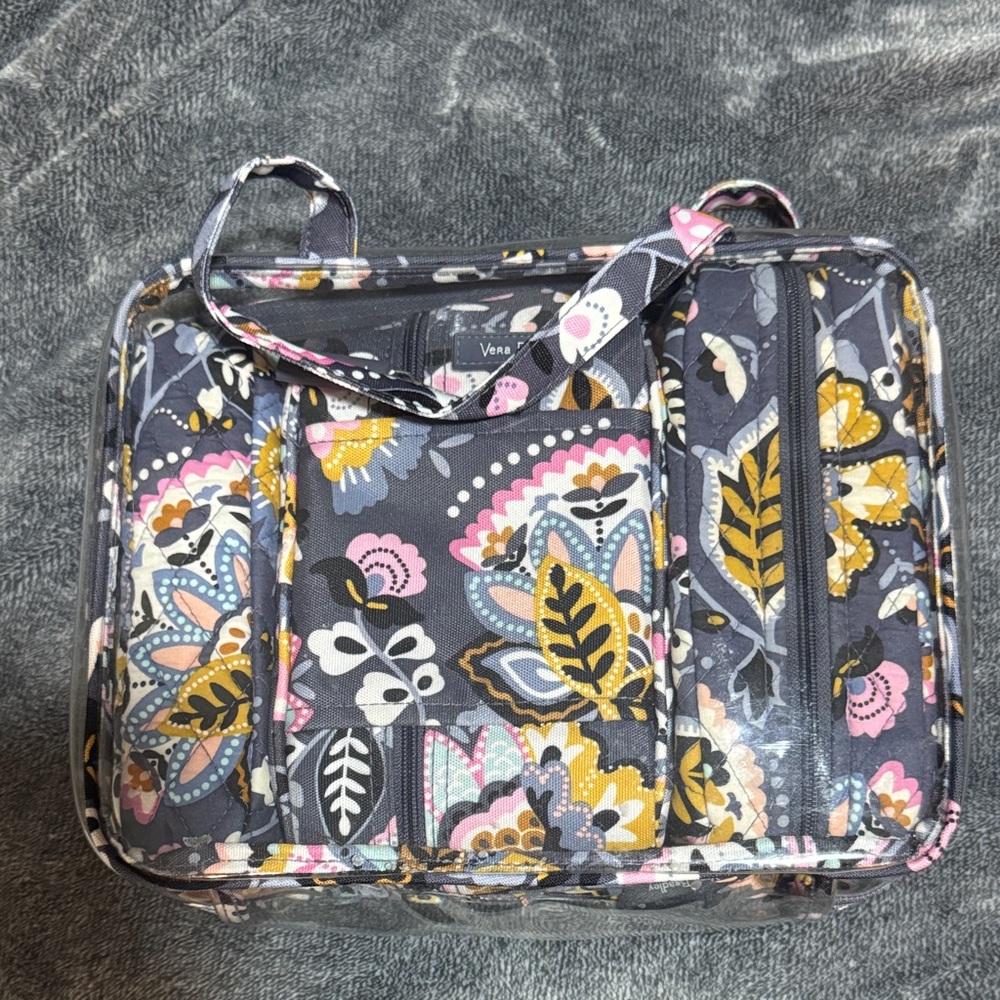 Vera Bradley Quilted Gray Floral Cosmetic Case with Pink & Yellow Details